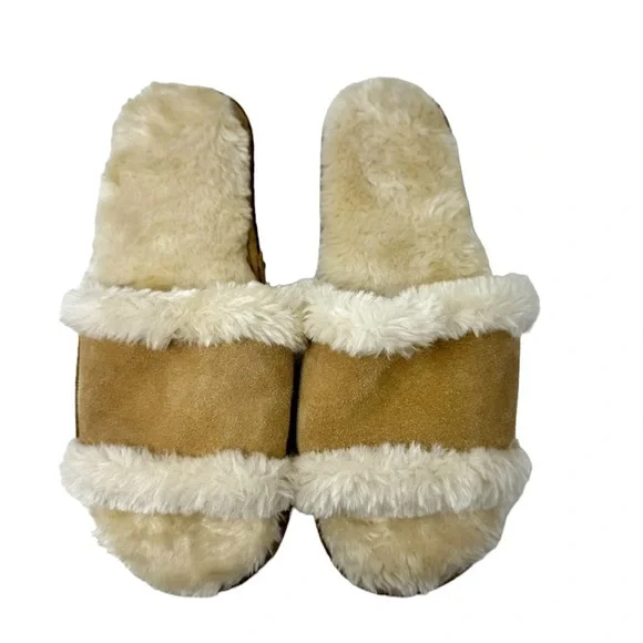 Minnetonka Suede Leather Faux Fur Open Toe Slippers Slides Tan Womens Size 7 - Picture 2 of 9